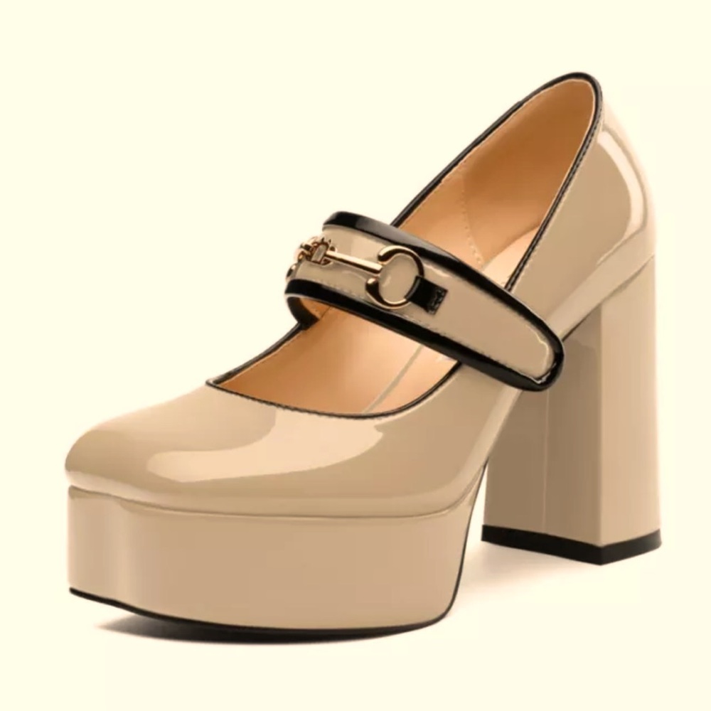 Women Chic Patent Square Toe Metal Decor Platform Block Heel Mary Jane Shoes